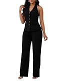 Kafiloe Women Suits 2 Piece Set Halter Sleeveless Blazer Vest Straight Pant Suits Dressy Business Casual Outfits Black M
