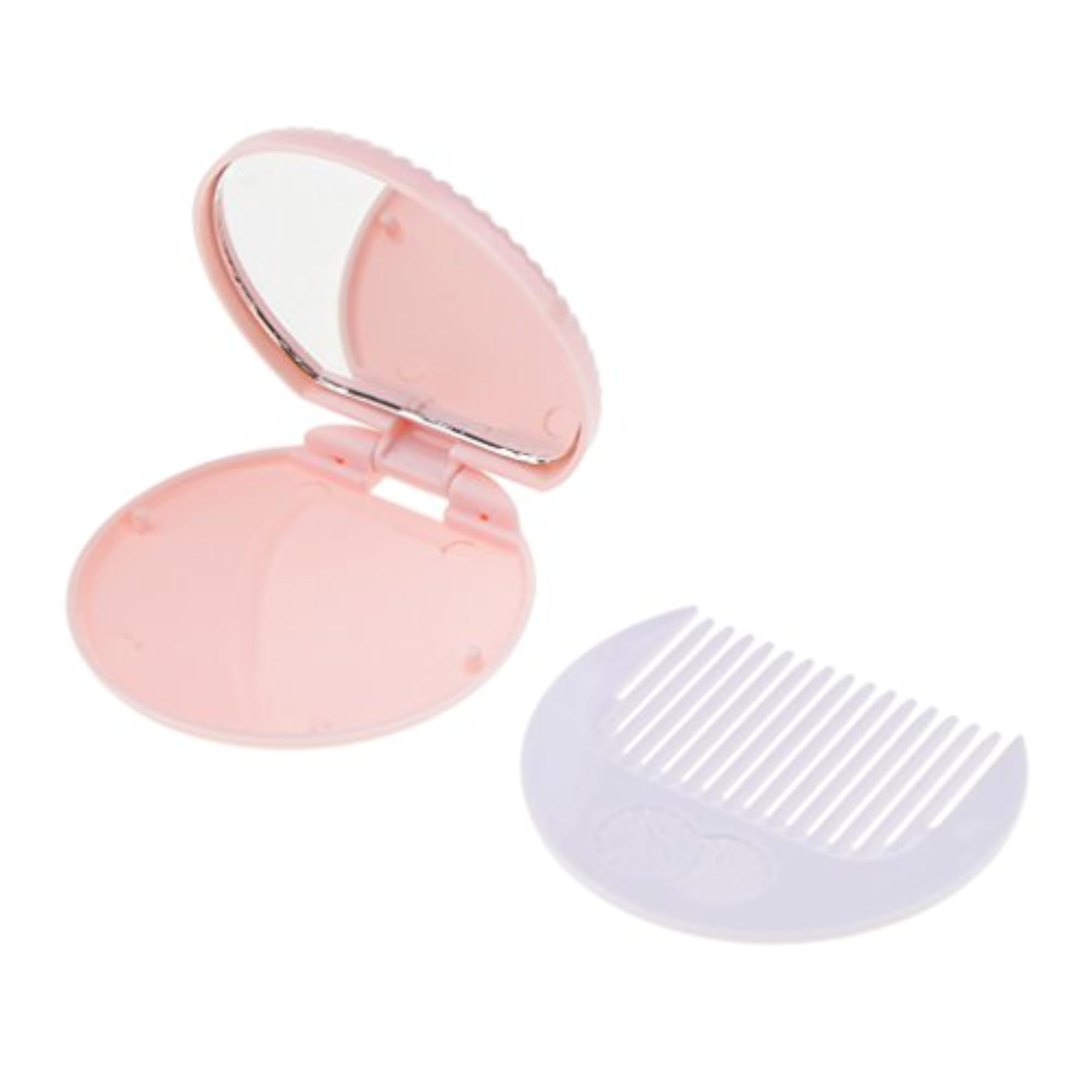 Round Folding Makeup Mirror with Comb, Cute Pink