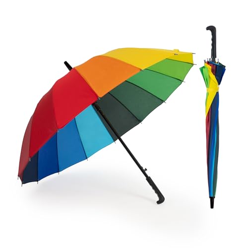 BESCH Paraguas Largo Clásico Grande Automático y Resistente al Viento (Arcoiris Mango Curvadod)