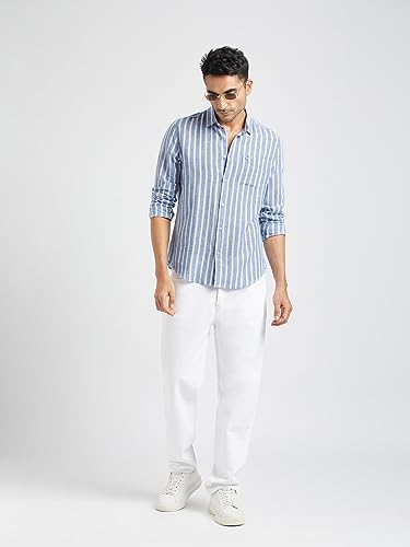 Image of THE BEAR HOUSE Men Blue Vertical Striped Slim Fit Cotton Linen Casual Shirt|TBH-IDI-BL
