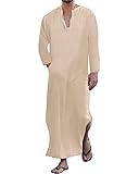 YAOHUOLE Men Kaftan Thobe Long Sleeve Men Thobe Men Islamic Thobe with Pocket Khaki M