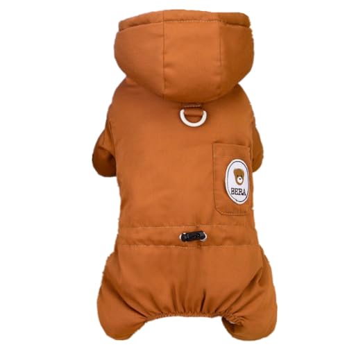 ICOUCHI ペット服 秋冬 ダウンジャケット 犬服 ロンパース つなぎ あたたかい 防寒 ドッグウェア パーカー コート 裏ボア フード付き 防風 防寒 保温 おしゃれ 小中型犬 四つの足 洋服 お散歩 お出かけ (L,ブラウン)
