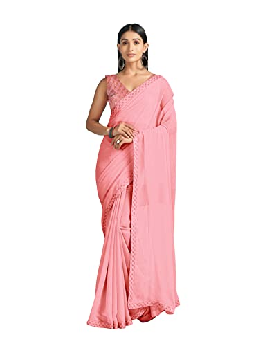 Image of AKHILAM Women's Black Embellished Georgette Saree With Unstitched Blouse Piece