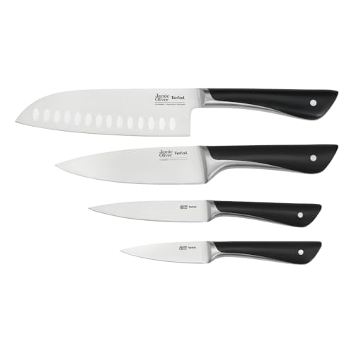 Tefal Jamie Oliver 4-teiliges Messerset, Kochmesser, Santokumesser, Universalmesser, Schälmesser, unverwechselbares Design, eisgehärtet, widerstandsfähige Klingen, Edelstahl/Schwarz, K267S4