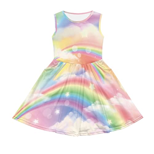 JooMeryer Girl's Tie Dye Rainbow Sleeveless Sundress Crew Neck A-Line Flowy Dresses with Pocket