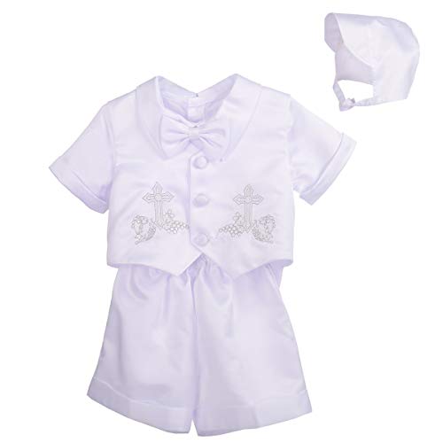 Dressy Daisy Baby Boys' 4Pcs Short Sleeves & Pants Baptism Christening Outfit with Bonnet Size 12 Months White