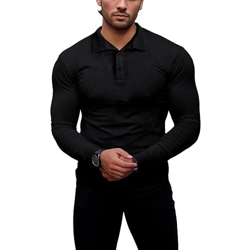 Men's Muscle Slim Fit Polo Shirts Long&Short Sleeve Stretch T-Shirts Casual Stylish Tee for Golf Workout Small 01long-black