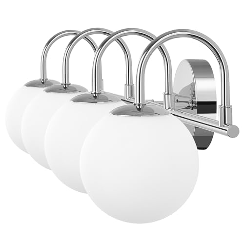 Image of Chrome Mid Century Modern 4-Light Bathroom Light Fixtures Over Mirror, Vanity Wall Sconces With Globe Frosted Milk Glass