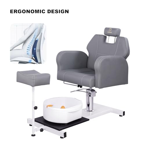 LUXMARS Reclining Pedicure Chair No Plumbing with Foot Massage Basin & Stool, Hydraulic Adjustable Pedicure Chair Station, 360° Rotation Beauty Spa Salon Unit Station - White