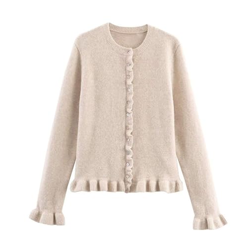 Image of FindThy Women's Cropped Cardigan Sweater Trendy Crewneck Ruffle Long Sleeve Button Down Knitwear Tops