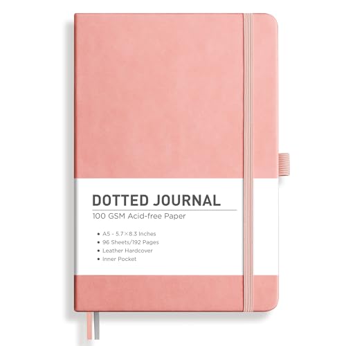 Image of RETTACY Dotted Journal Notebook, 192 Pages, A5 Medium Size (5.7'' x 8.3'') | Leather Hardcover, 100 GSM Thick Paper, for Journaling, Planning, Tracking (Pink)