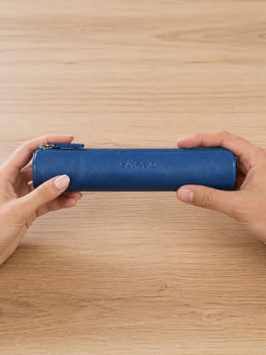 Image of Calfnero Genuine Leather Pen-Case for Men & Women | Premium Leather Pencil-Pouch with Zipper (Navy) | Cylindrical Pen-Holder Organizer for Pen, Pencils & Stationery | Unisex Pen-Sleeve