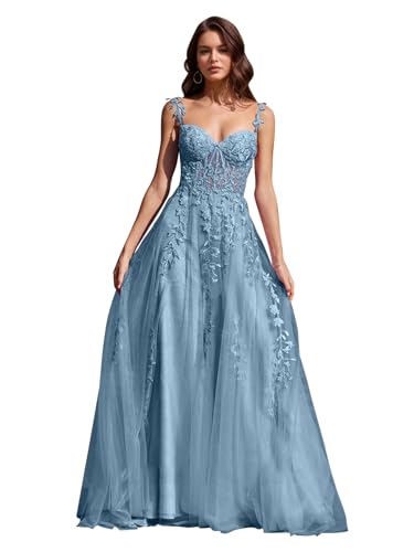 Image of Long Tulle Prom Dresses 2025 V Neck Floral Long Ball Gowns for Women Lace Applique Formal Evening Gowns ACE159