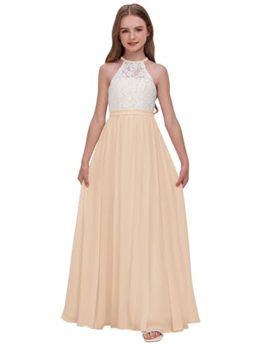 Chiffon Junior Bridesmaid Dress for Wedding Lace Applique Halter Sleeveless A-Line Long Formal Flower Girl Dress