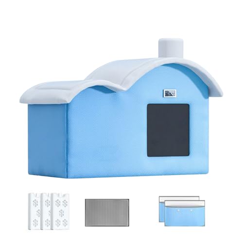 Casa de refrigeración para gatos al aire libre – Casa de refrigeración para mascotas | Aire acondicionado para gatos con pantalla digital de temperatura | Caseta de refugio con bolsas