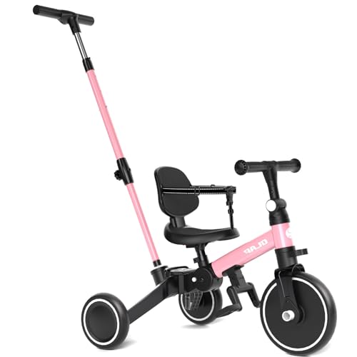 Glaf Tricycle for Toddlers 1-3 Toddler Bike Tricycles with Push Handle 2-4 Years Baby Bike Boys and Girls Balance Bike Birthday Toys with Removable Pedals Adjustable Seat Height and Backrest (Pink)