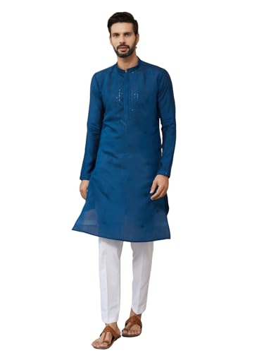 Image of See Designs Men's Long Sleeve Mandarin Collar Side Slit Cream Embroidered Chanderi Silk Straight Kurta with Pyjama