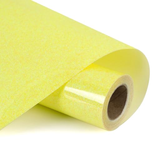 Image of HTVVETUR Glitter Yellow Heat Transfer Vinyl, Glow in The Dark HTV Vinyl Roll 12 inch x 9ft, Easy to Cut & Weed for Heat Press DIY Craft