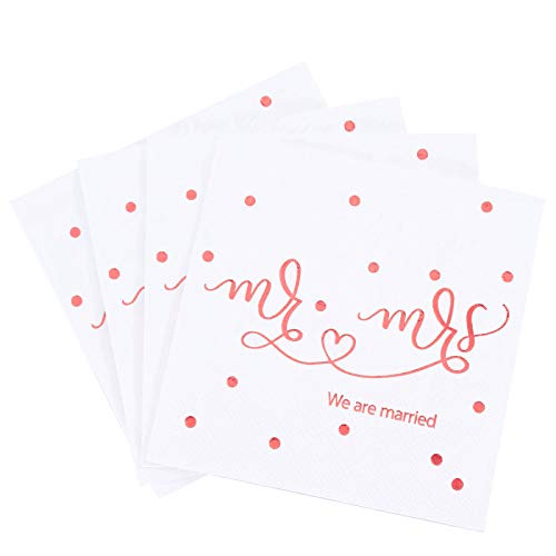 Gexolenu Mr & Mrs Cocktail Wedding Foil Napkins, Dessert Disposable Beverage Paper Napkins for Wedding Shower Party Decorations and table decorations Supplies (Rose Gold 100 pcs)
