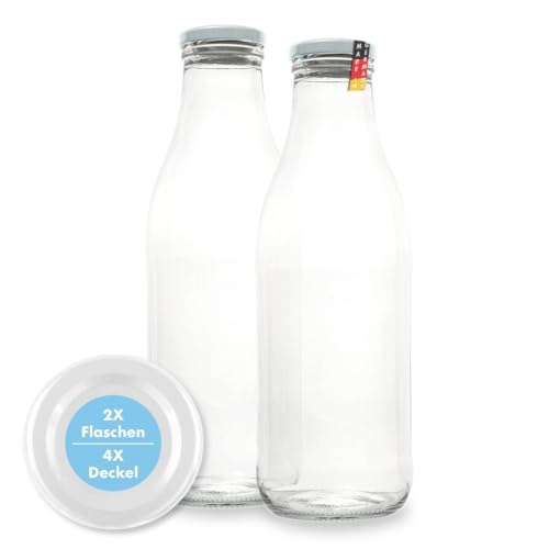 Botella de leche de 1 litro, 2 botellas de cristal de 1 litro, tapas giratorias + repuesto TO48, botella de zumo y botella de boca ancha, resistente, resistente a la temperatura [botella blanca]