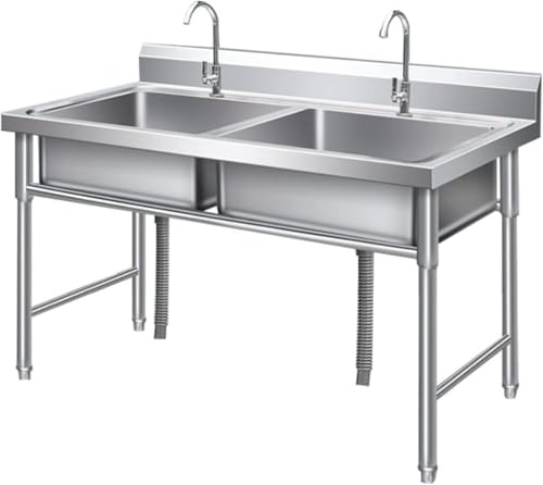 Vilom 自立型ステンレス流し台 幅100×奥行50×高さ80cm ダブルシンク 蛇口付き 大容量 屋外・屋内・ガレージ用 台所簡易流し台 頑丈・お手入れ簡単 キッチン・アウトドア対応