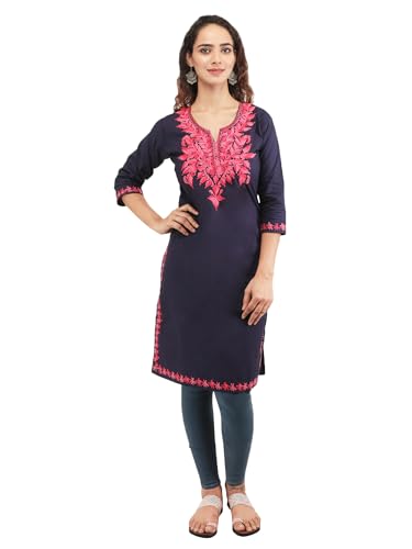 Image of QAZMI Women's Rayon Cotton Straight Keyhole Neck Three-Quarter Sleeves Kashmiri Embroidery Kurti