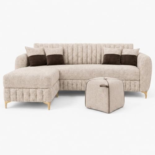 Image of CASASTYLE Signature Velour 4-Seater L-Shape Sofa Set with Movable Ottoman & Suri Pouf | Flexible LHS /RHS Layout | Boucle Weave Fabric | 40D Foam + Zigzag Spring | 3-Yr Warranty (Sandstone Beige)