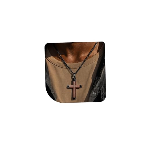Wooden Cross Necklace for Men, Real Handmade Ebony Cross Pendants, Black Mens Cross Necklaces Christian Baptism Crucifix Pendant for Men, 24 Inch Stainless Steel Box Chain