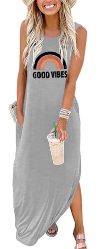 Image of Good Vibes Rainbow Graphic Dress Womens Sleeveless Pocket Maxi Dress Hawaiian Beach Beach Tank Dress