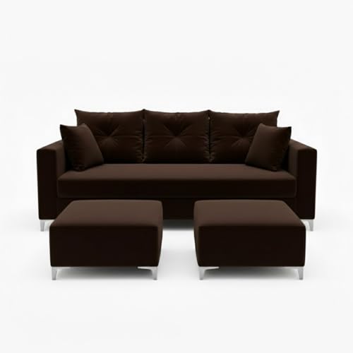 Image of Zora 5 Seater L Shape Sofa Set with 2 Movable Ottomans | Flexible Layout | Rich Velvet Suede Fabric | Silver Legs | Spacious Seating | Modern Sofa for Living Room (Dark Brown)