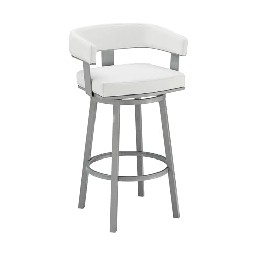 Armen Living Lorin Modern Butaco Blanco de Cuero Sintético y Estructura de Acero Inoxidable Plateado con Giro de 360° para Cocina Altura Asiento 30" miniatura 1