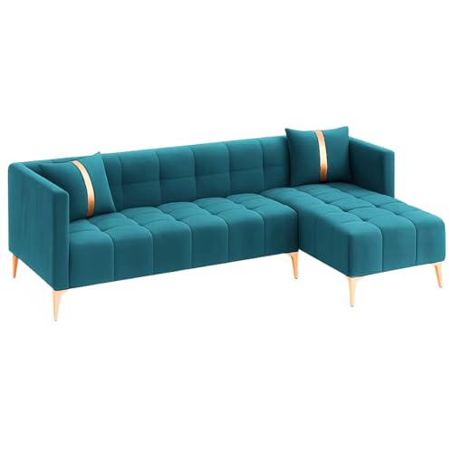 Image of Furny Styling 4 Seater Fabric RHS L Shape Sofa Set (Aqua Blue) | Soft Velvet Fabric | Modern Design | Comfortable Seating | Living Room Furniture