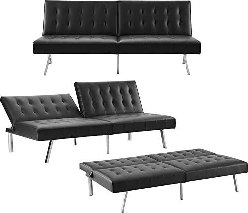 Naomi Home Tufted Split Back Futon Sofa, Faux Leather Couch Bed, Futon Convertible Sofa Bed With Chrome Legs, Folding, Reclining Small Convertible Couch, Futon Couches For Living Room - Black #TOP2