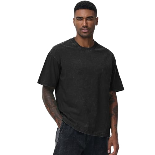 Image of Men's Oversized Cotton T-Shirts Loose Fit Vintage Washed Tee Unisex Short Sleeve Casual Shirts Tops