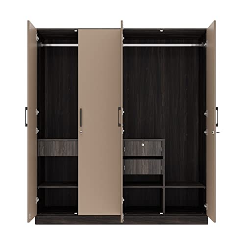 Image of Wakefit Wardrobe | 1 Year Warranty | Engineered Wood Almirah, Cupboard for Clothes Storage | 4 Door, Mirror, 5 Shelves, 1 Partition, 3 Drawers, 2 Hanging Space | Cashmere Plus - Wyoming Maple-Frappe