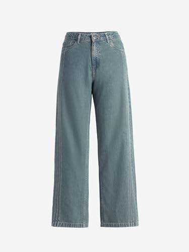 Image of The Souled Store Straight-Fit Denim: Sapphire Women and Girls Buttoned Blue Solid Lightly Washed Straight Fit Cotton Jeans