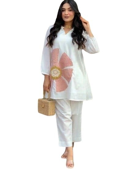 White cotton co- odr set with pink floral design (L)