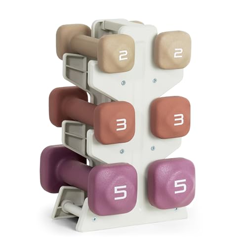 Tone Fitness 20 LB Neoprene Dumbbell Set with Storage Rack Non-Slip Anti-Roll Hand Weights for Home Gym Workouts - Mixed Colors | Beige Orange and Purple
