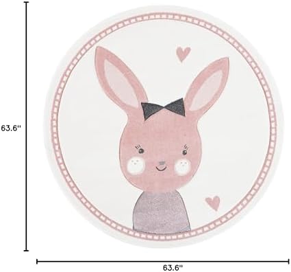 SAFAVIEH Carousel Kids Collection Area Rug - 5'3" Round, Ivory & Pink, Bunny Design, Non-Shedding & Easy Care, Ideal for High Traffic Areas for Boys & Girls in Playroom, Nursery, Bedroom (CRK166A)