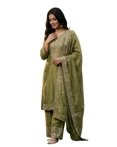 Image of JIYA'S Collection Women Eid Special Fendy Silk Embroidered Kurta Palazzo Set with Dupatta