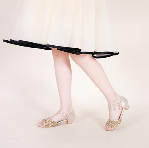 GOJERP Little Kids Girls Sandals Glitter Rhinestone Dress Pumps Sequins Princess Low Heels Party Dance Shoes (Golden, numeric_13)3