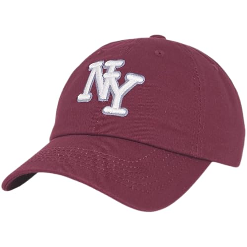 NY 3D Embroidered Cotton Dad Hat New York Baseball Cap Adjustable Metal Buckle Strap Unstructured Low-Profile Style Burgundy-White