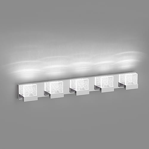 Ralbay 5-Light Modern LED Crystal Bathroom Lighting Over Mirror, 40W Modern Bubble Crystal LED Bathroom Vanity Lighting Fixtures(6000K)