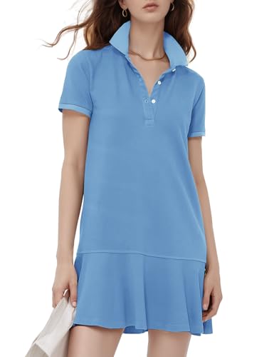 Flygo Damen-Polokleid mit Kragen, kurze Ärmel, Rüschen, Golf, Tennis, T-Shirt, Sport, Workout, Mini-Sommerkleid, Tunika, Piqué, Blau, X-Klein