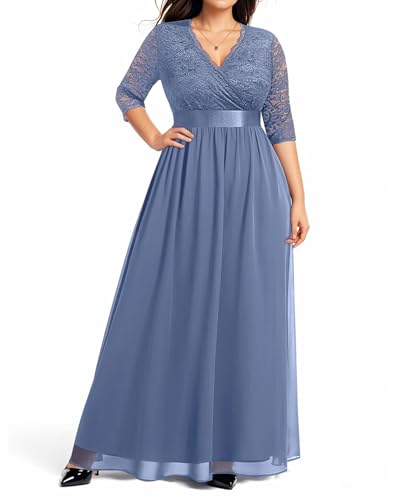 Image of Pinup Fashion Wedding Dresses for Bride Plus Size - Formal Evening Gown Wrap Neck Lace Chiffon Long Dress