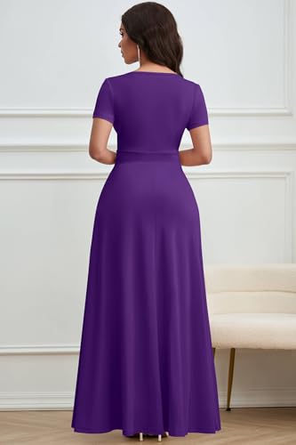 Image of CLOCOR Maxi Dress for Women Long Summer Short Sleeve Evening Formal V Neck A Line Dresses Wedding Guest Empire Waist Elegant