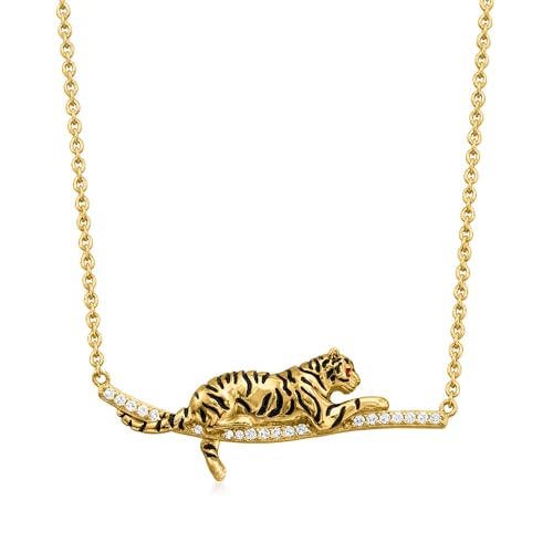 Ross-Simons 0.10 ct. t.w. White Topaz and Black Enamel Tiger Bar Necklace With Rubies in 18kt Gold Over Sterling. 18 inches - Main Image