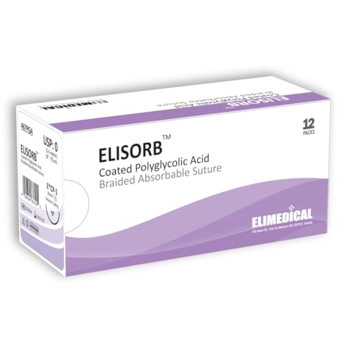 Image of ELISORB Suture with Reverse Cutting Needle, 12 Pack. Sutures for Surgical Wound Training Students, Practice and Educational Use. Multifilament Absorbable Material 0 PGA, 30 inch, CP1, Violet 467PGA