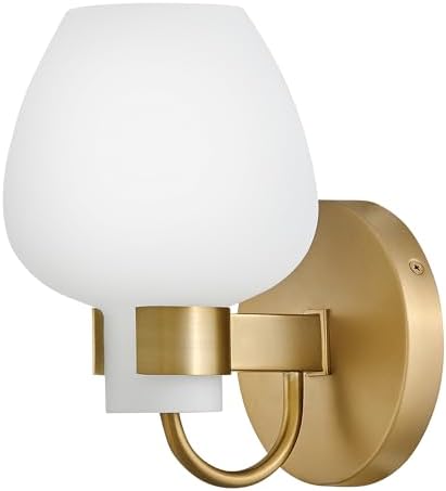 Hinkley Sylvie Small Single Light Bath Wall Sconce, Etched Opal Glass Tulip-Shaped Shade, Open Cuff, Hidden Mounting Hardware, Lacquered Brass Finish
