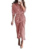 BTFBM Women Long Sleeve Satin Dress 2025 Summer Spring Lapel V Neck Button Down Elegant Belted Ruched Maxi Shirt Dresses(Solid Pink, Small)